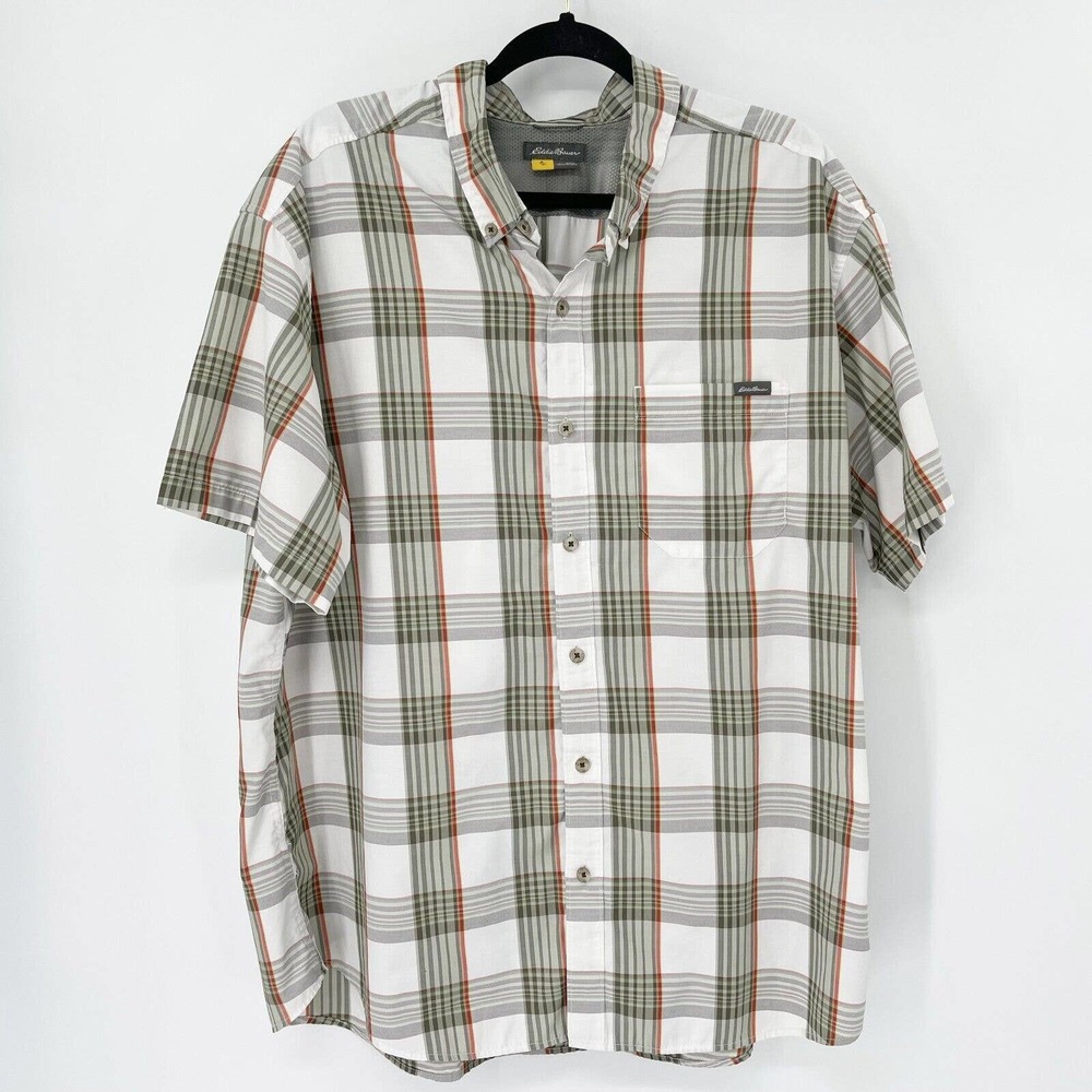 Eddie‎ Bauer Travex Plaid Check Button Up Shirt Sz 2XL Men White Pocket Outdoor